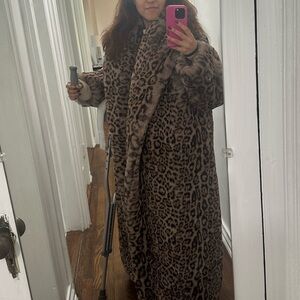 Long Leopard Print Faux Fur Coat